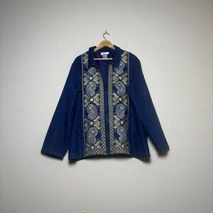 VTG Susan Grave Denim Jean Embroidered Paisley Jacket Women 3x Blue Yellow Indie